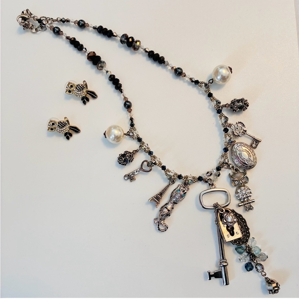 Artisan Statement Crystal & Charm Necklace With O… - image 1